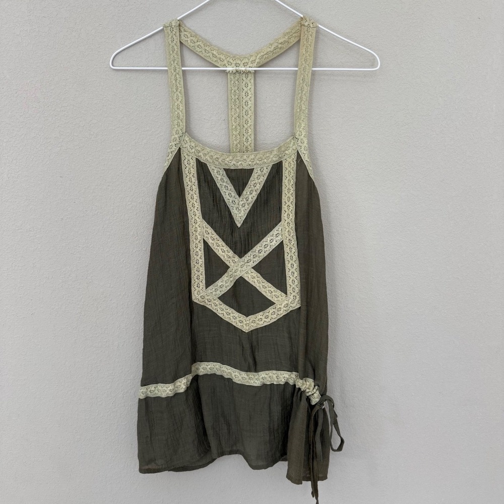 Papaya Y2K Olive Green with‎ Lace Tank Women's Small Boho Elena Pleated